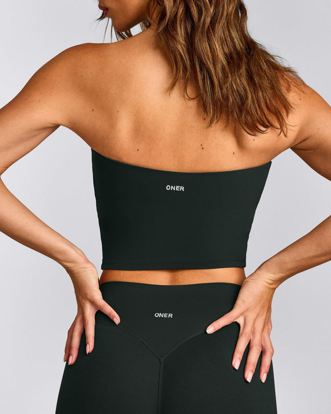 SoftMotion™ Bandeau Mid Tank Top with Built in Bra Shelf with Grey Logo | Emerald Noir