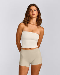 SoftMotion™ Bandeau Mid Tank Top with Built in Bra Shelf with Grey Logo | Marshmallow White