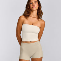 SoftMotion™ Bandeau Mid Tank Top with Built in Bra Shelf with Grey Logo | Marshmallow White