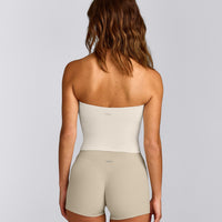 SoftMotion™ Bandeau Mid Tank Top with Built in Bra Shelf with Grey Logo | Marshmallow White