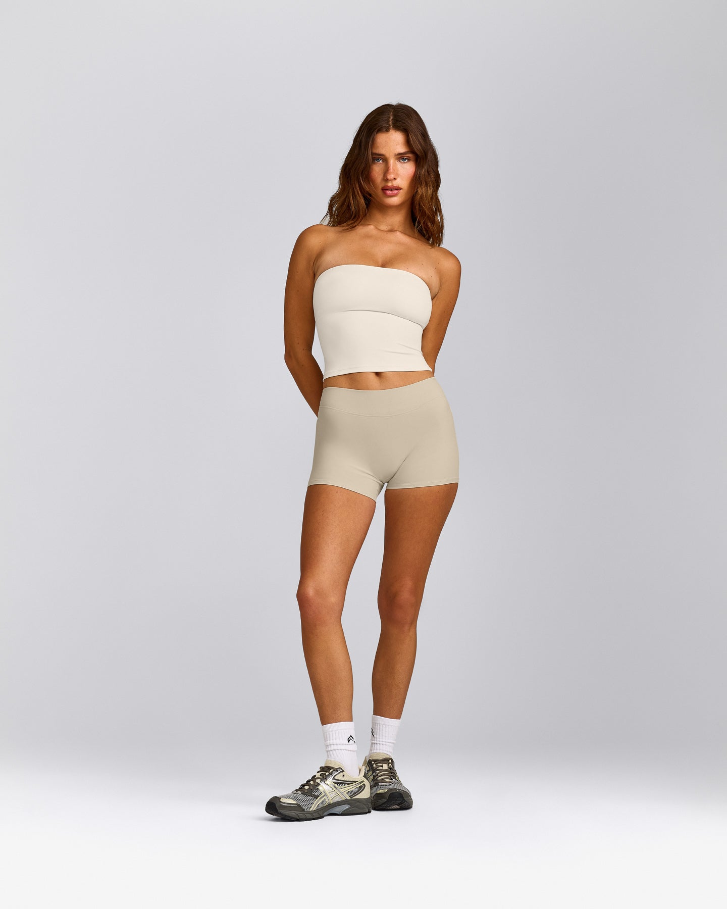 SoftMotion™ Bandeau Mid Tank Top with Built in Bra Shelf with Grey Logo | Marshmallow White