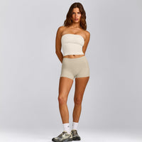 SoftMotion™ Bandeau Mid Tank Top with Built in Bra Shelf with Grey Logo | Marshmallow White