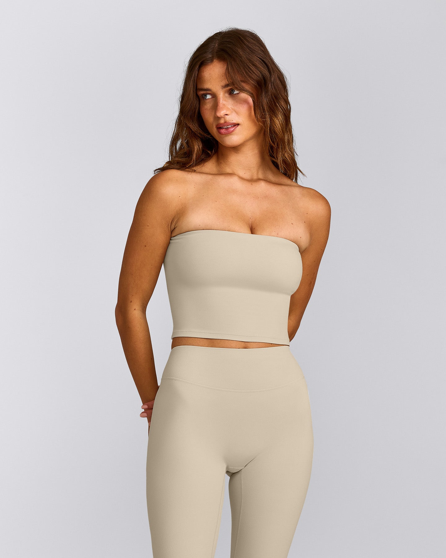 SoftMotion™ Bandeau Mid Tank Top with Built in Bra Shelf with Grey Logo | Oatmeal