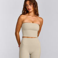 SoftMotion™ Bandeau Mid Tank Top with Built in Bra Shelf with Grey Logo | Oatmeal