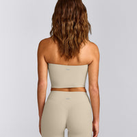 SoftMotion™ Bandeau Mid Tank Top with Built in Bra Shelf with Grey Logo | Oatmeal