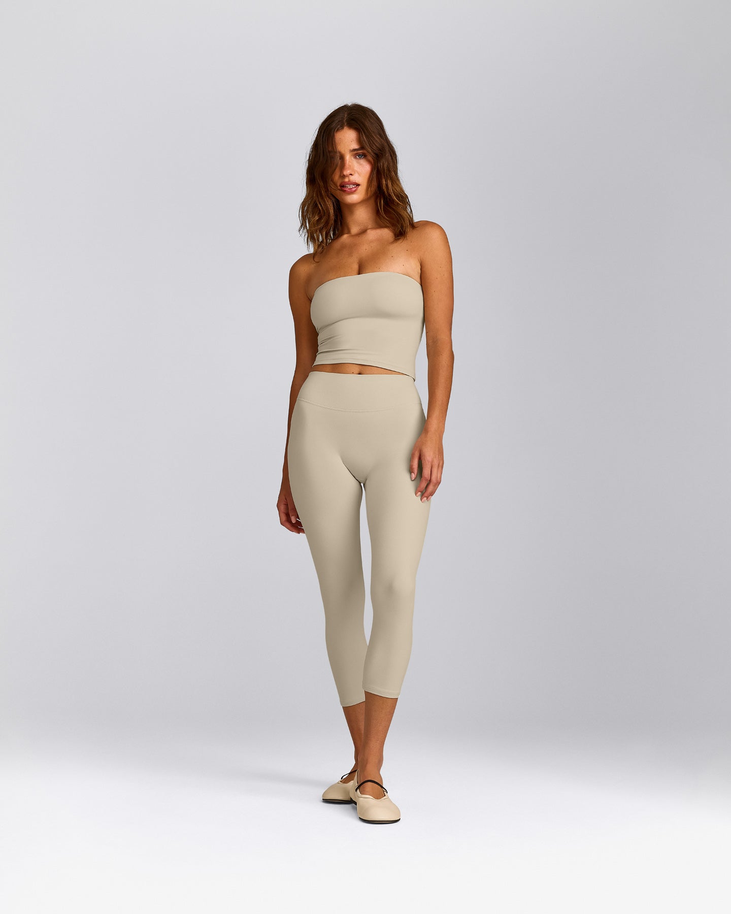 SoftMotion™ Bandeau Mid Tank Top with Built in Bra Shelf with Grey Logo | Oatmeal