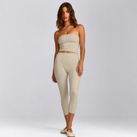 SoftMotion™ Bandeau Mid Tank Top with Built in Bra Shelf with Grey Logo | Oatmeal