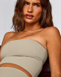 SoftMotion™ Bandeau Mid Tank Top with Built in Bra Shelf with Grey Logo | Oatmeal