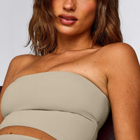 SoftMotion™ Bandeau Mid Tank Top with Built in Bra Shelf with Grey Logo | Oatmeal