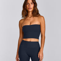 SoftMotion™ Bandeau Mid Tank Top with Built in Bra Shelf with Grey Logo | True Blue