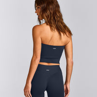 SoftMotion™ Bandeau Mid Tank Top with Built in Bra Shelf with Grey Logo | True Blue