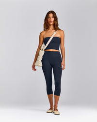 SoftMotion™ Bandeau Mid Tank Top with Built in Bra Shelf with Grey Logo | True Blue