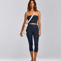 SoftMotion™ Bandeau Mid Tank Top with Built in Bra Shelf with Grey Logo | True Blue