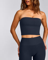 SoftMotion™ Bandeau Mid Tank Top with Built in Bra Shelf with Grey Logo | True Blue