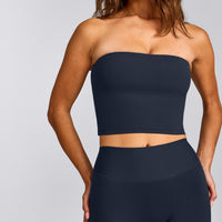 SoftMotion™ Bandeau Mid Tank Top with Built in Bra Shelf with Grey Logo | True Blue