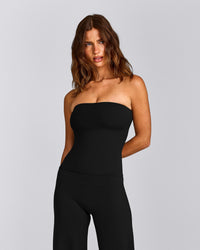 SoftMotion™ Bandeau Tank Top with Built in Bra Shelf with Grey Logo | Black
