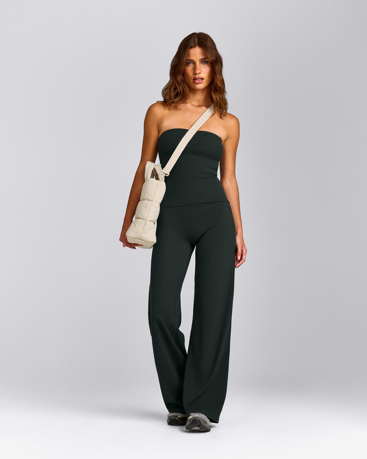SoftMotion™ Bandeau Tank Top with Built in Bra Shelf with Grey Logo | Emerald Noir