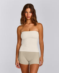 SoftMotion™ Bandeau Tank Top with Built in Bra Shelf with Grey Logo | Marshmallow White