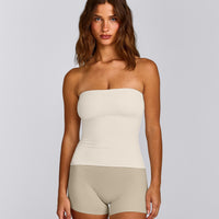 SoftMotion™ Bandeau Tank Top with Built in Bra Shelf with Grey Logo | Marshmallow White