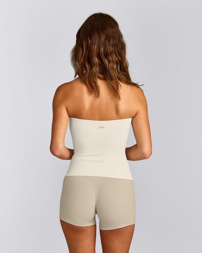 SoftMotion™ Bandeau Tank Top with Built in Bra Shelf with Grey Logo | Marshmallow White