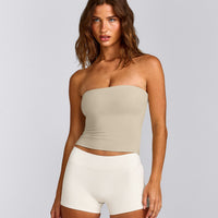 SoftMotion™ Bandeau Tank Top with Built in Bra Shelf with Grey Logo | Oatmeal