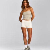 SoftMotion™ Bandeau Tank Top with Built in Bra Shelf with Grey Logo | Oatmeal
