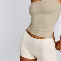 SoftMotion™ Bandeau Tank Top with Built in Bra Shelf with Grey Logo | Oatmeal