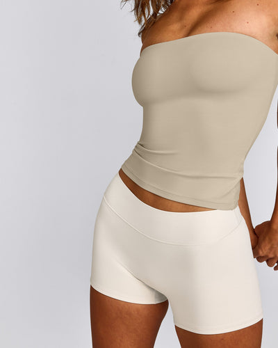 SoftMotion™ Bandeau Tank Top with Built in Bra Shelf with Grey Logo | Oatmeal