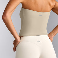 SoftMotion™ Bandeau Tank Top with Built in Bra Shelf with Grey Logo | Oatmeal