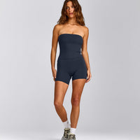 SoftMotion™ Bandeau Tank Top with Built in Bra Shelf with Grey Logo | True Blue