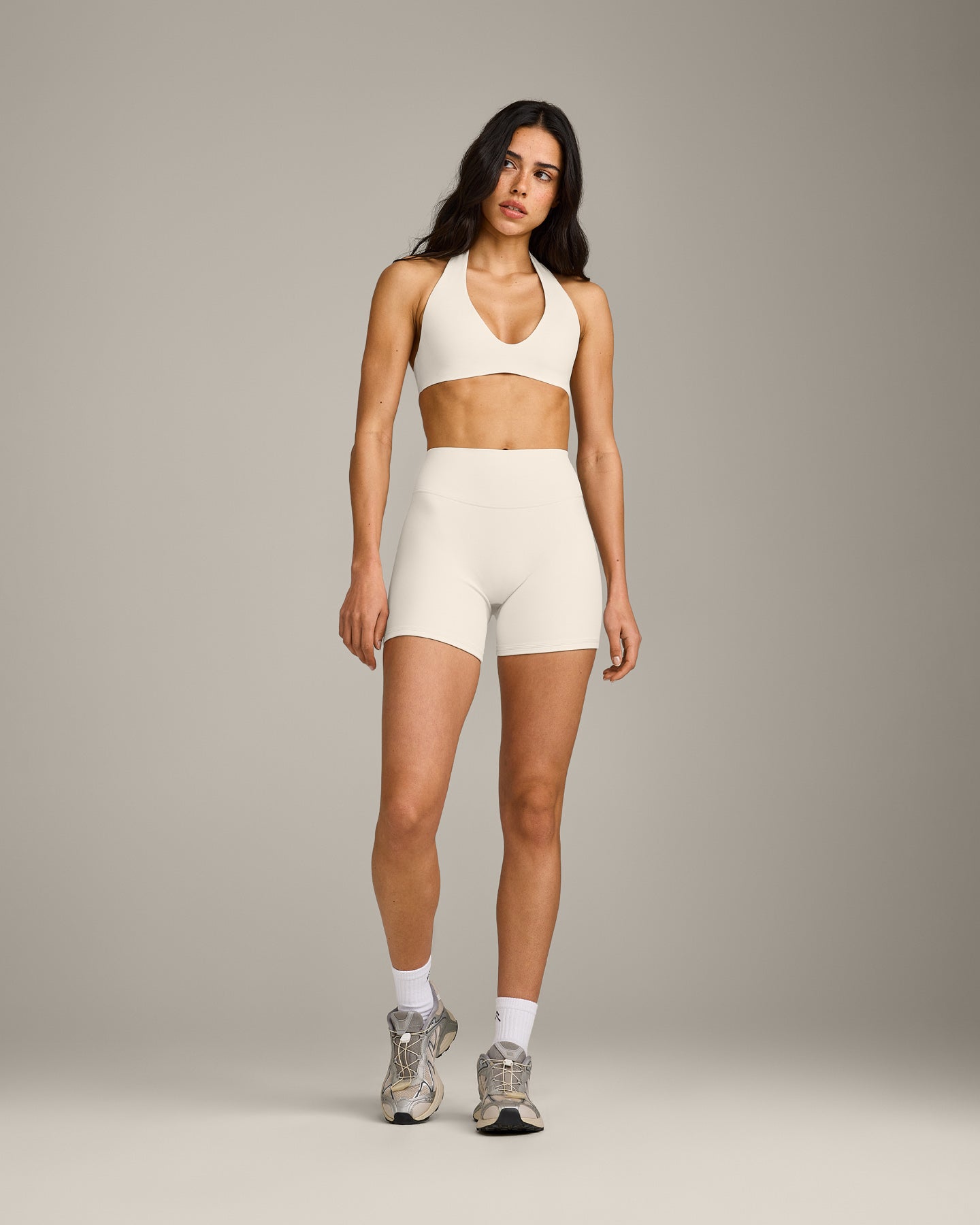 SoftMotion™ Double Layer High Waisted Shorts 6" with Grey Logo | Marshmallow White