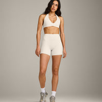 SoftMotion™ Double Layer High Waisted Shorts 6" with Grey Logo | Marshmallow White