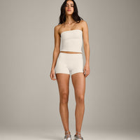SoftMotion™ Double Layer Mid Rise Shorts 4" with Grey Logo | Marshmallow White