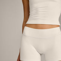 SoftMotion™ Double Layer Mid Rise Shorts 4" with Grey Logo | Marshmallow White