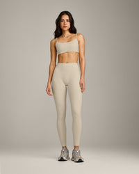 SoftMotion™ High Waisted Leggings with Grey Logo | Oatmeal