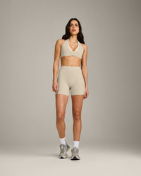 SoftMotion™ High Waisted Shorts 6" with Grey Logo | Oatmeal