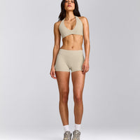 SoftMotion™ Mid Rise Micro Shorts 4" with Grey Logo | Oatmeal