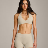 SoftMotion™ Minimal Halter Neck Bralette with Grey Logo | Oatmeal
