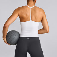 UnifiedMove™ T Back Mid Tank Top with Built in Bra Shelf with Reflective Logo | White