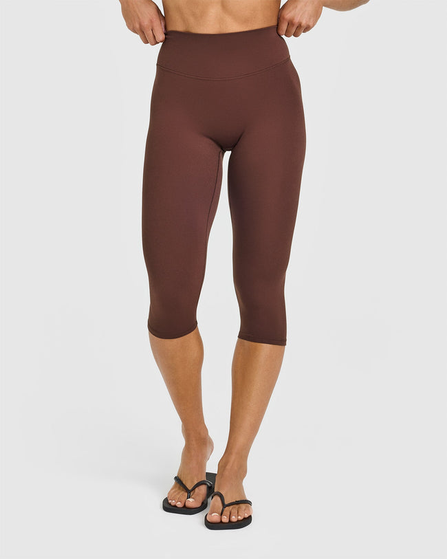 SoftMotion™ High Waisted Capri Leggings with White Logo | Espresso Brown