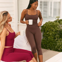 SoftMotion™ High Waisted Capri Leggings with White Logo | Espresso Brown