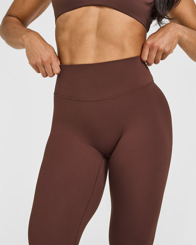 SoftMotion™ High Waisted Capri Leggings with White Logo | Espresso Brown