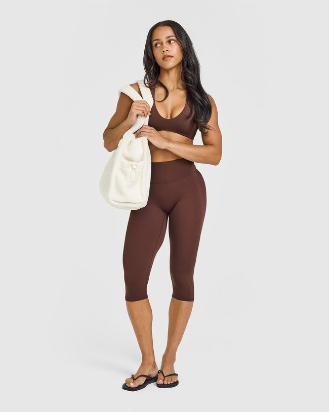 SoftMotion™ High Waisted Capri Leggings with White Logo | Espresso Brown