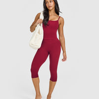 SoftMotion™ High Waisted Capri Leggings with White Logo | Ruby Red