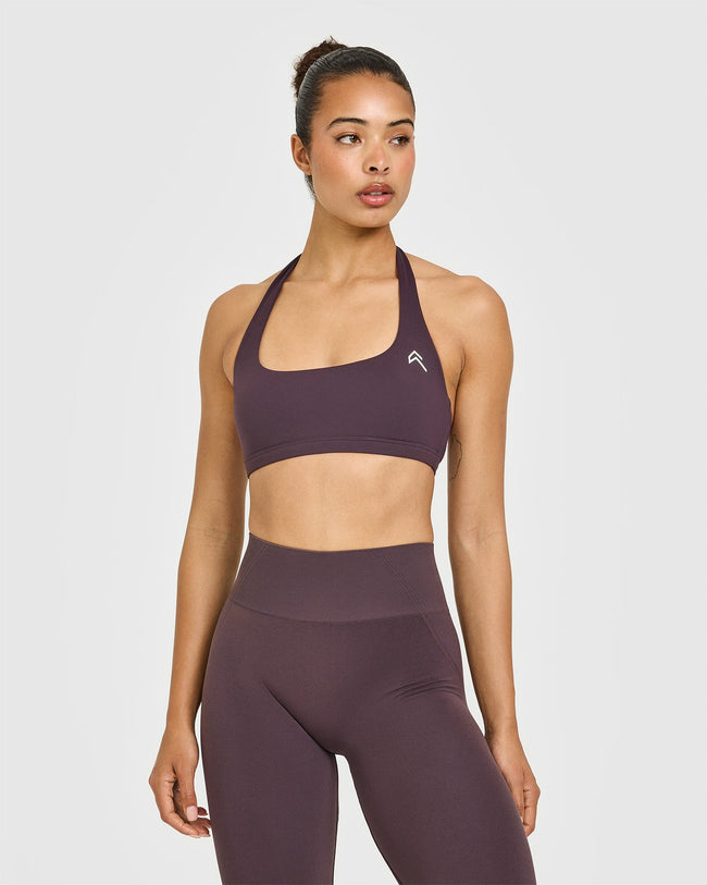 EasyLift™ Halter Bralette with White Logo | Dark Umber Brown