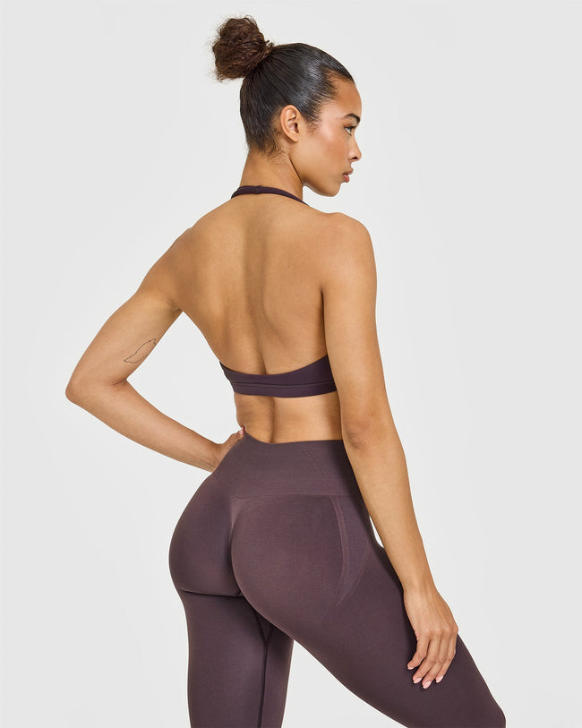 EasyLift™ Halter Bralette with White Logo | Dark Umber Brown