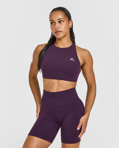 EasyLift™ High Neck Sports Bra with White Logo | Blackberry Purple