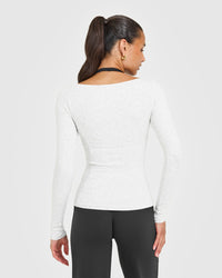 Mellow™ Rib V Neck Long Sleeve Top | Light Grey Marl