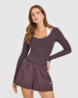 Mellow™ Rib V Neck Mid Long Sleeve Top | Umber Brown