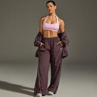 Oversized Piped Woven Straight Leg Track Bottoms | Deep Umber Brown
